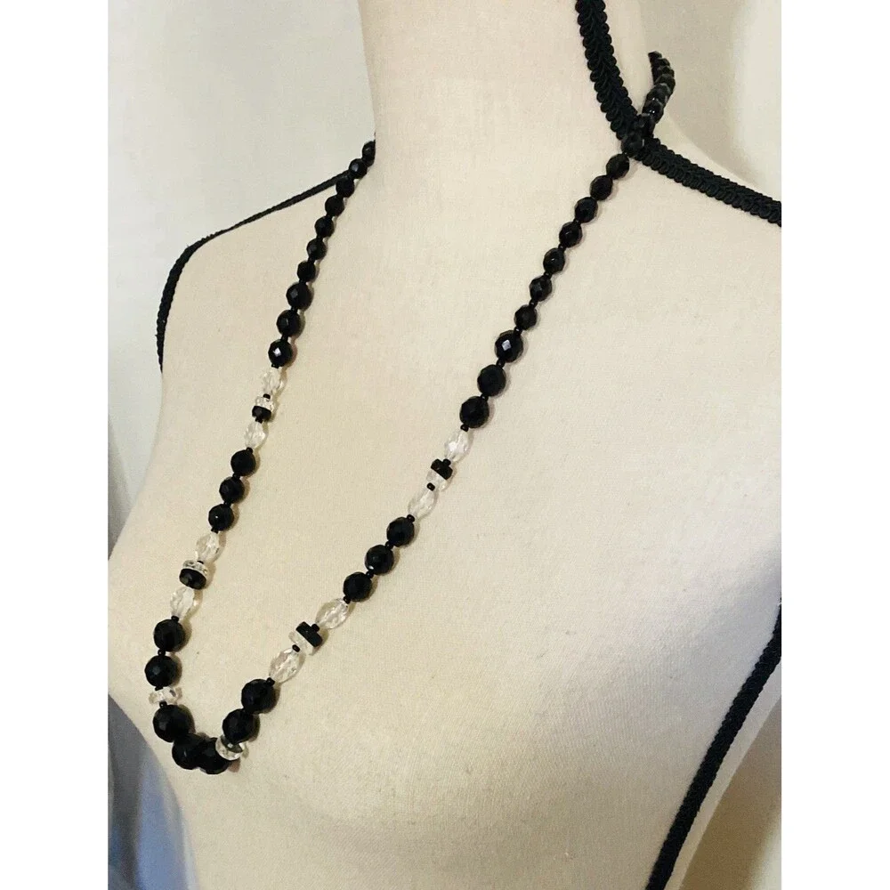 VTG  Estate French Jet & Cut Glass Bead Necklace 30 Inch Black & Clear Faceted